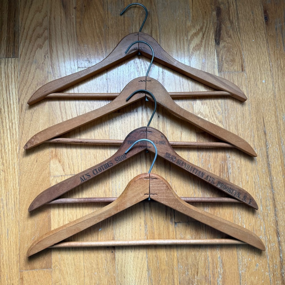 Antique Vintage Wooden Clothes Hangers Lot of 4 Advertising Brooklyn NY Store